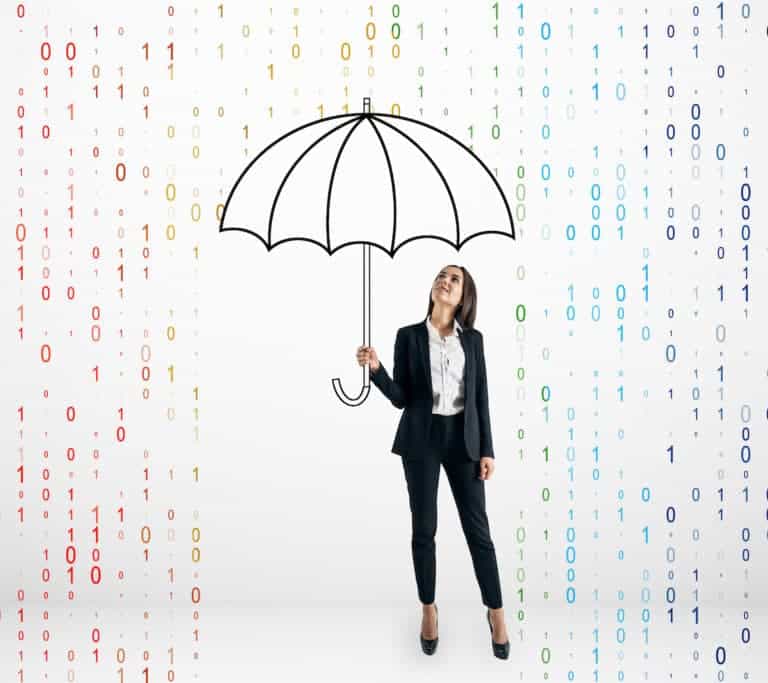 businesswoman with drawn umbrella protecting himself from binary code rain on white background. Insurance, technology and protect concept