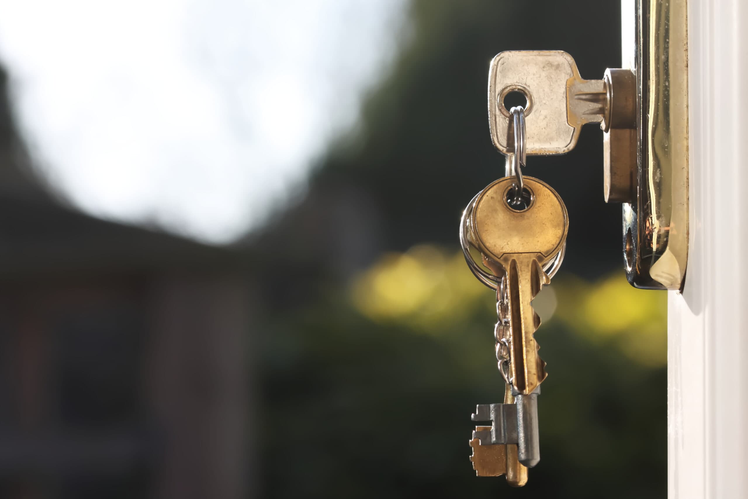 House keys in lock of a door viewed outside horizontal