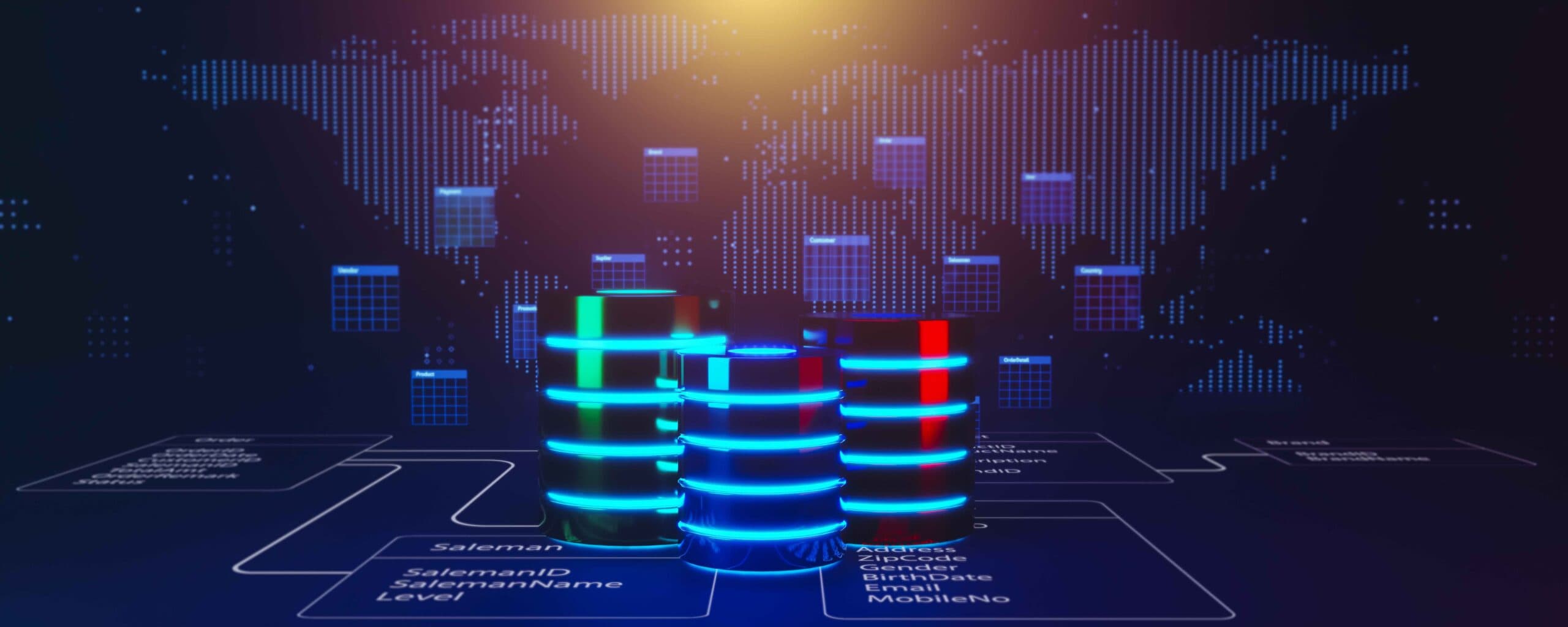 Multiple database is placed on Relational database tables with server room and datacenter background. Concept of database server, SQL, data storage, database diagram design. 3D illustration.