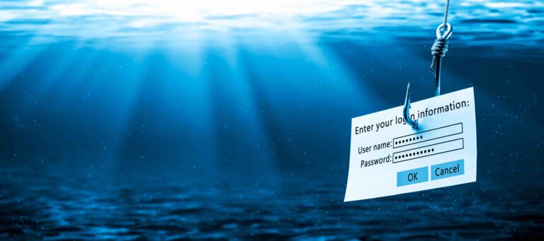 Login Information Attached to Large Hook Under Water via Simulated Phishing Campaign.