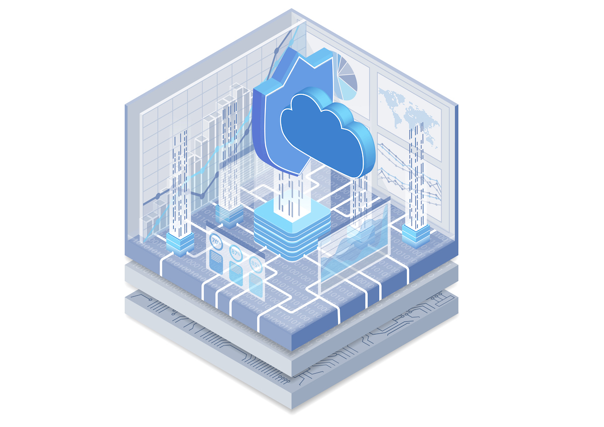 Cloud computing security concept. Vector illustration of an isometric cube. Symbol of a cloud and shield to represent protection of managed cloud security.