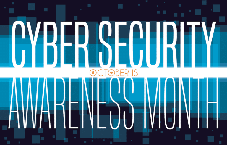 Banner with white lettering stating it is Cybersecurity Awareness Month.